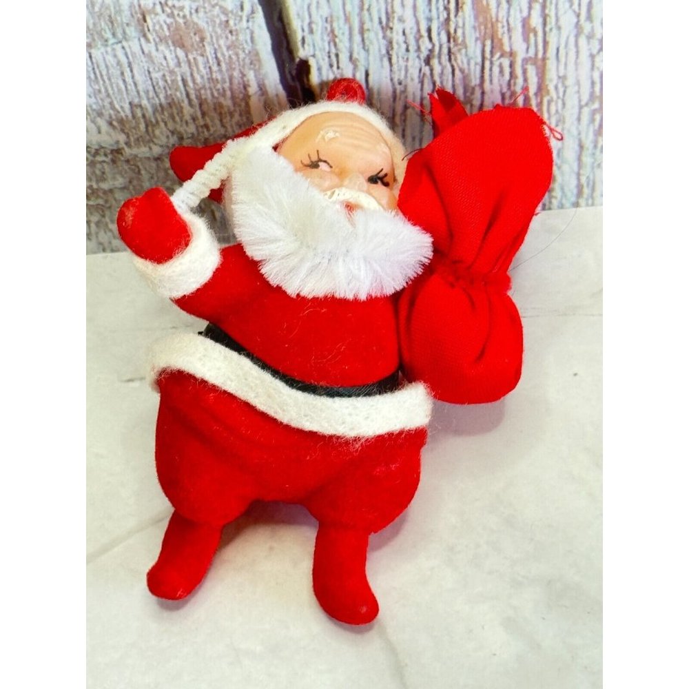 Vintage Plastic Face Small Styro Red Felt Santa Claus with Sack Christmas Orname - Picture 2 of 4